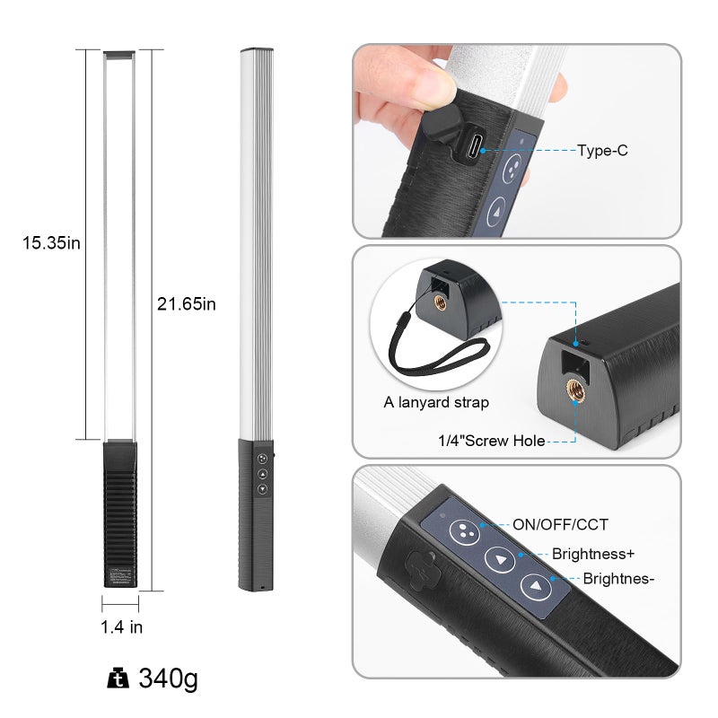 LUXCEO RGB LED Photography Lighting Portable Wand Handheld LED Video Light 1000 Lumens CRI 95+ USB Rechargeable with Remote Control, Carry Bag, Adjustable Color Temperature 3000K-6000K and 36 Colors - Image 3